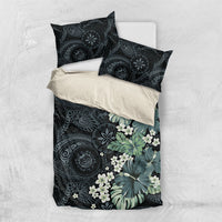 Pauliuli Hawai'i Hibiscus Bedding Set Polynesian Tribal Tattoo Pattern Floral Elements LT9 US Twin 172cm x 218cm Charcoal Blue - Polynesian Pride