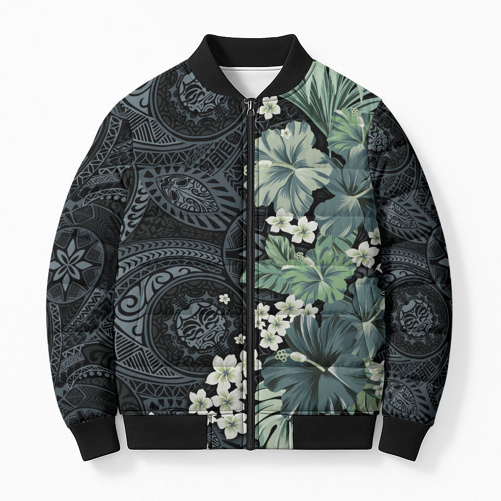 Pauliuli Hawai'i Hibiscus Bomber Puffer Jacket Polynesian Tribal Tattoo Pattern Floral Elements LT9 Unisex Charcoal Blue - Polynesian Pride