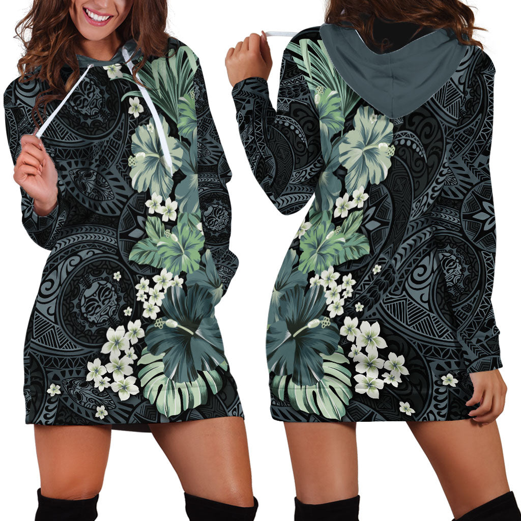Pauliuli Hawai'i Hibiscus Hoodie Dress Polynesian Tribal Tattoo Pattern Floral Elements LT9 - Polynesian Pride