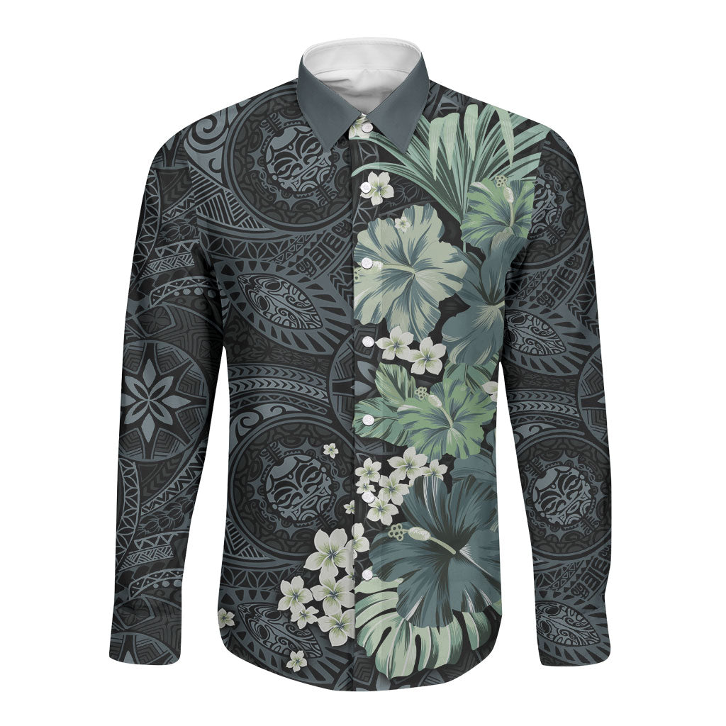 Pauliuli Hawai'i Hibiscus Long Sleeve Button Shirt Polynesian Tribal Tattoo Pattern Floral Elements LT9 Unisex Charcoal Blue - Polynesian Pride