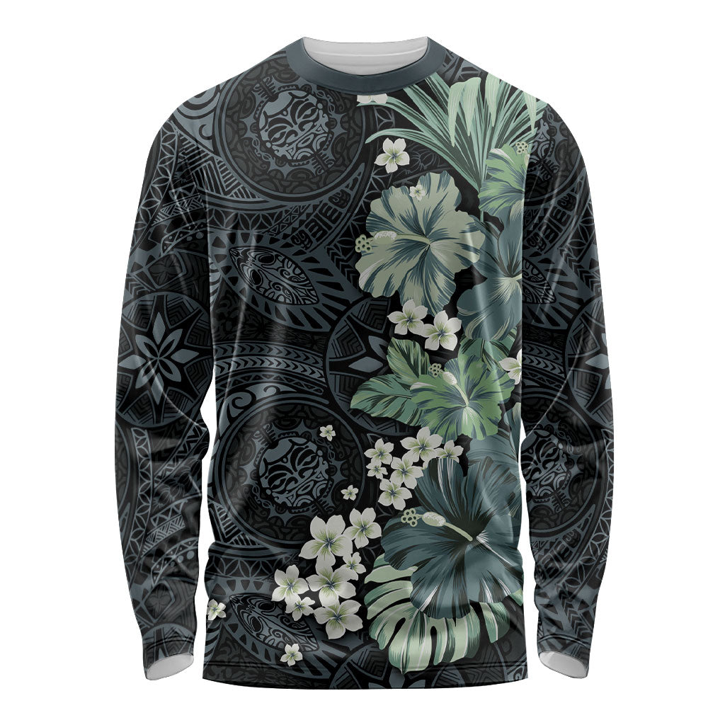 Pauliuli Hawai'i Hibiscus Long Sleeve Shirt Polynesian Tribal Tattoo Pattern Floral Elements LT9 Unisex Charcoal Blue - Polynesian Pride