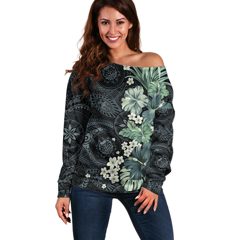 Pauliuli Hawai'i Hibiscus Off Shoulder Sweater Polynesian Tribal Tattoo Pattern Floral Elements LT9 Women Charcoal Blue - Polynesian Pride