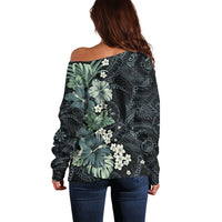 Pauliuli Hawai'i Hibiscus Off Shoulder Sweater Polynesian Tribal Tattoo Pattern Floral Elements LT9 - Polynesian Pride