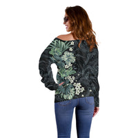 Pauliuli Hawai'i Hibiscus Off Shoulder Sweater Polynesian Tribal Tattoo Pattern Floral Elements LT9 - Polynesian Pride