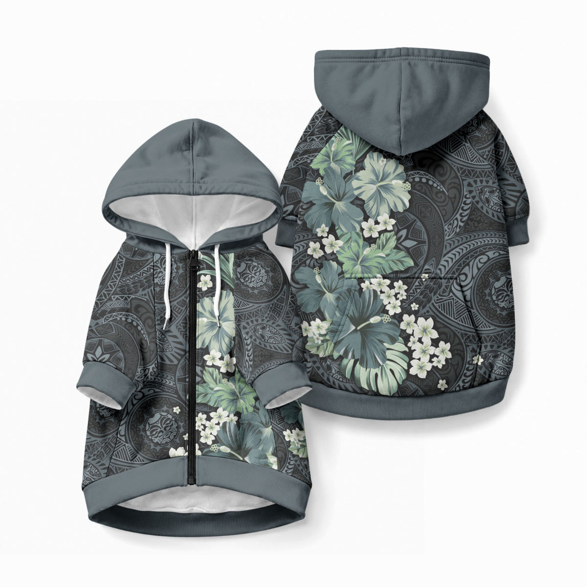 Pauliuli Hawai'i Hibiscus Pet Hoodie Polynesian Tribal Tattoo Pattern Floral Elements LT9 Zip-up Charcoal Blue - Polynesian Pride