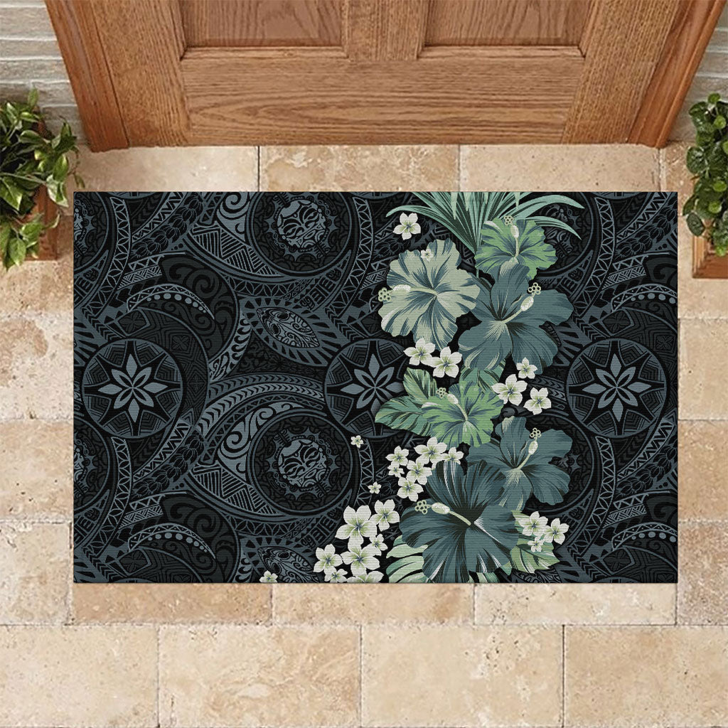 Pauliuli Hawai'i Hibiscus Rubber Doormat Polynesian Tribal Tattoo Pattern Floral Elements LT9 Charcoal Blue - Polynesian Pride