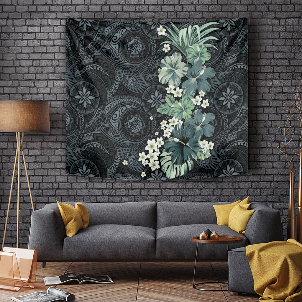 Pauliuli Hawai'i Hibiscus Tapestry Polynesian Tribal Tattoo Pattern Floral Elements LT9 Charcoal Blue - Polynesian Pride