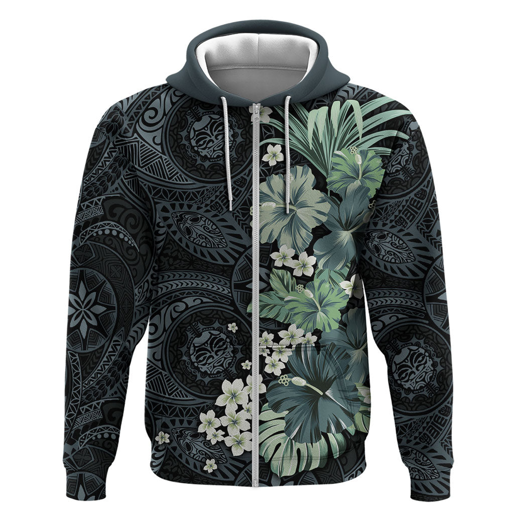 Pauliuli Hawai'i Hibiscus Zip Hoodie Polynesian Tribal Tattoo Pattern Floral Elements LT9 Zip Hoodie Charcoal Blue - Polynesian Pride