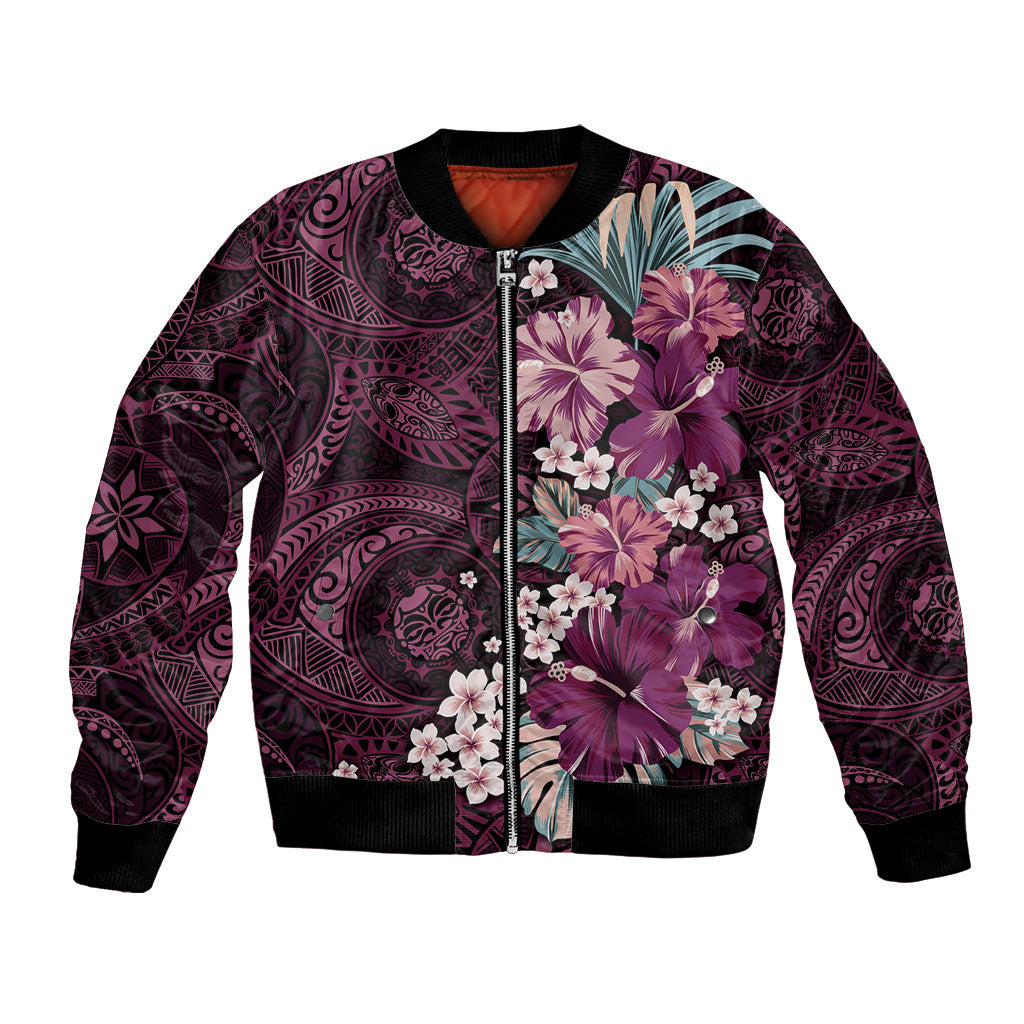 Poni Mama Hawai'i Hibiscus Bomber Jacket Polynesian Tribal Tattoo Pattern Floral Elements LT9 Unisex Pink - Polynesian Pride