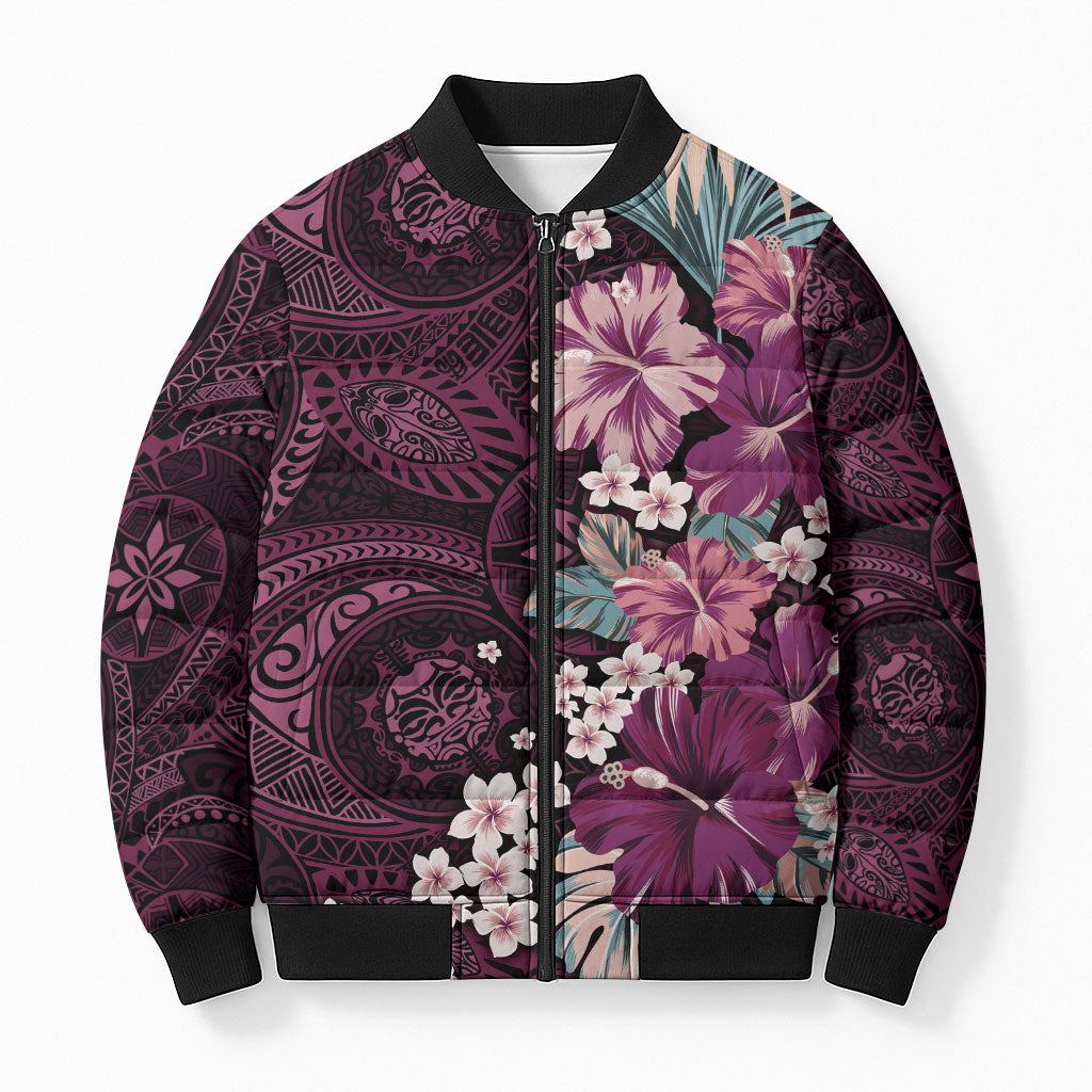 Poni Mama Hawai'i Hibiscus Bomber Puffer Jacket Polynesian Tribal Tattoo Pattern Floral Elements LT9 Unisex Pink - Polynesian Pride