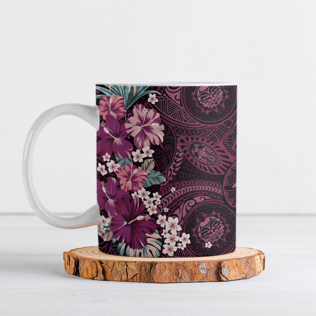 Poni Mama Hawai'i Hibiscus Ceramic Mug Polynesian Tribal Tattoo Pattern Floral Elements LT9 Pink - Polynesian Pride