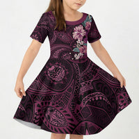 Poni Mama Hawai'i Hibiscus Kid Short Sleeve Dress Polynesian Tribal Tattoo Pattern Floral Elements LT9 KID Pink - Polynesian Pride