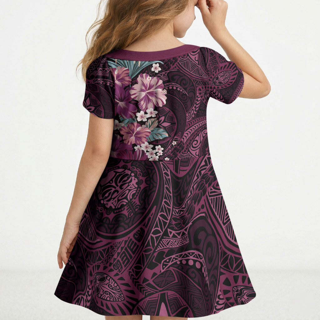 Poni Mama Hawai'i Hibiscus Kid Short Sleeve Dress Polynesian Tribal Tattoo Pattern Floral Elements LT9 - Polynesian Pride