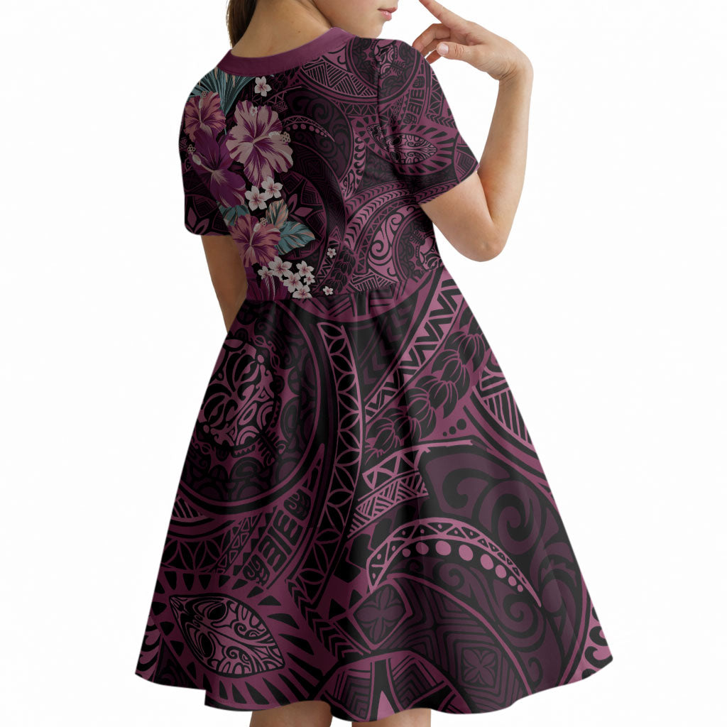Poni Mama Hawai'i Hibiscus Kid Short Sleeve Dress Polynesian Tribal Tattoo Pattern Floral Elements LT9 - Polynesian Pride