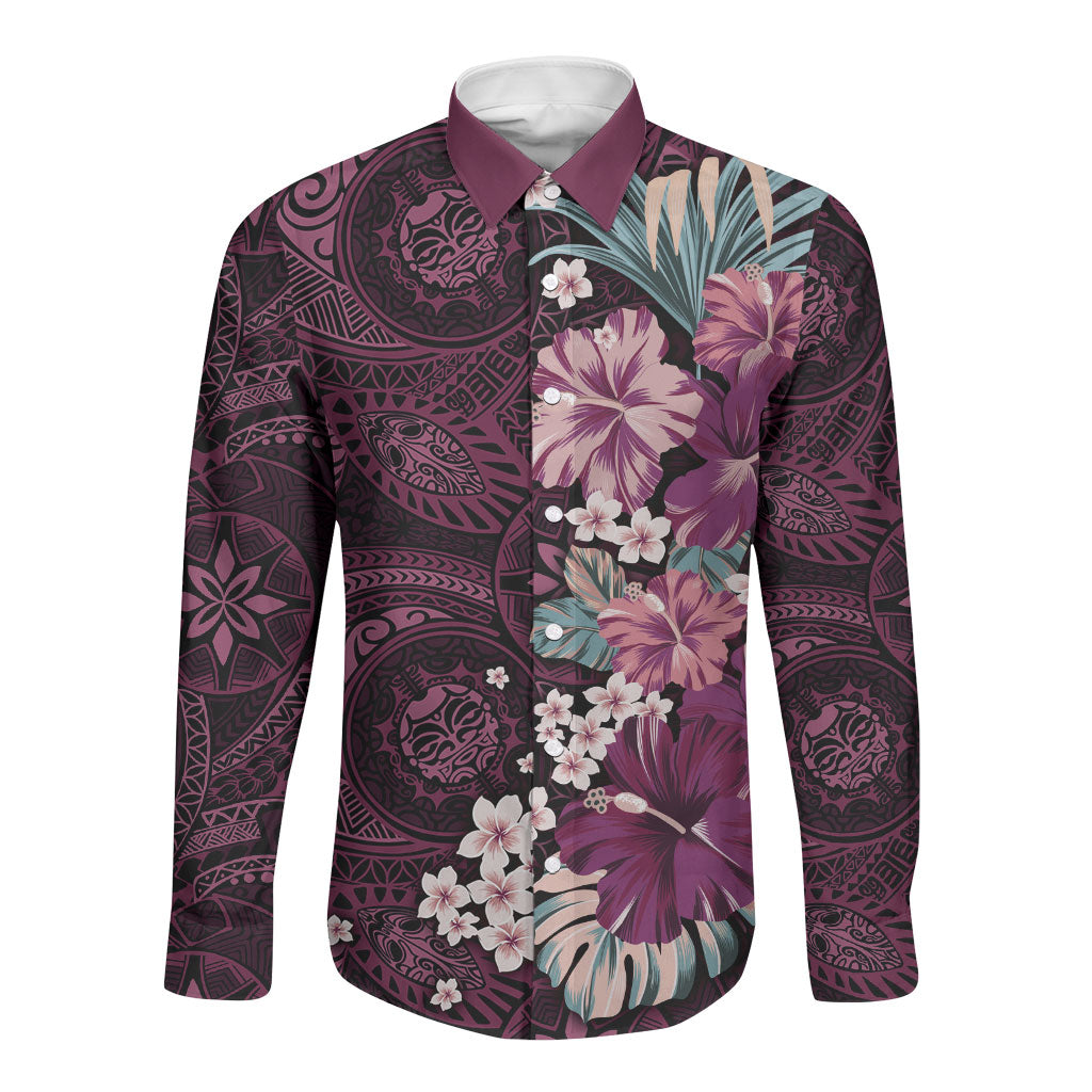 Poni Mama Hawai'i Hibiscus Long Sleeve Button Shirt Polynesian Tribal Tattoo Pattern Floral Elements LT9 Unisex Pink - Polynesian Pride