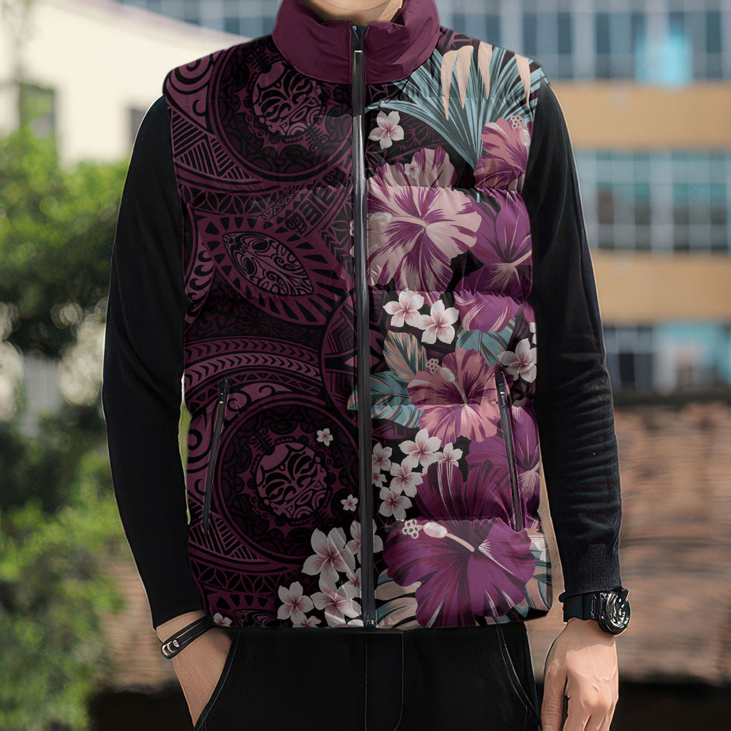 Poni Mama Hawai'i Hibiscus Sleeveless Puffer Jacket Polynesian Tribal Tattoo Pattern Floral Elements LT9 - Polynesian Pride