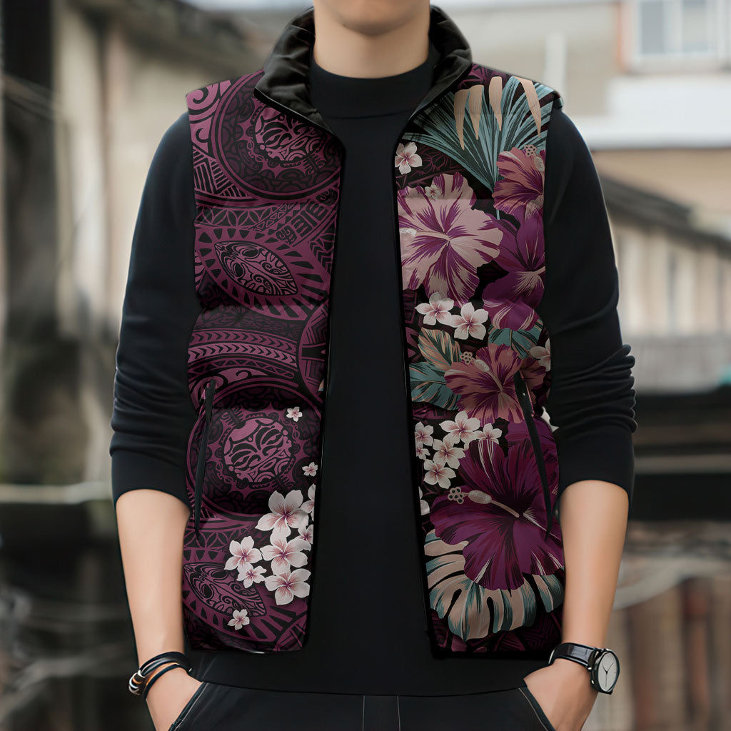 Poni Mama Hawai'i Hibiscus Sleeveless Puffer Jacket Polynesian Tribal Tattoo Pattern Floral Elements LT9 - Polynesian Pride