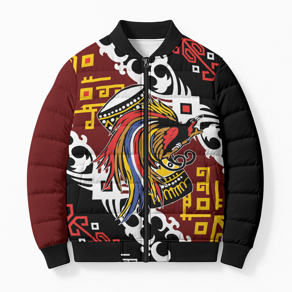 Personalised Papua New Guinea Bird Drum Bomber Puffer Jacket Papuan Batik Motif LT9 Unisex Black - Polynesian Pride