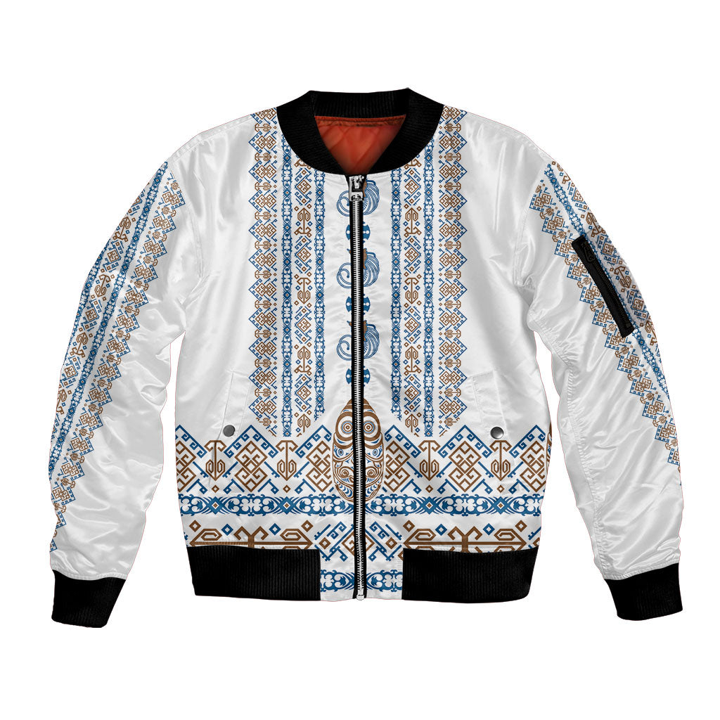 Personalised Papua New Guinea Bird Ethnic Sleeve Zip Bomber Jacket Papuan Batik Inspired Pattern LT9 Unisex White - Polynesian Pride