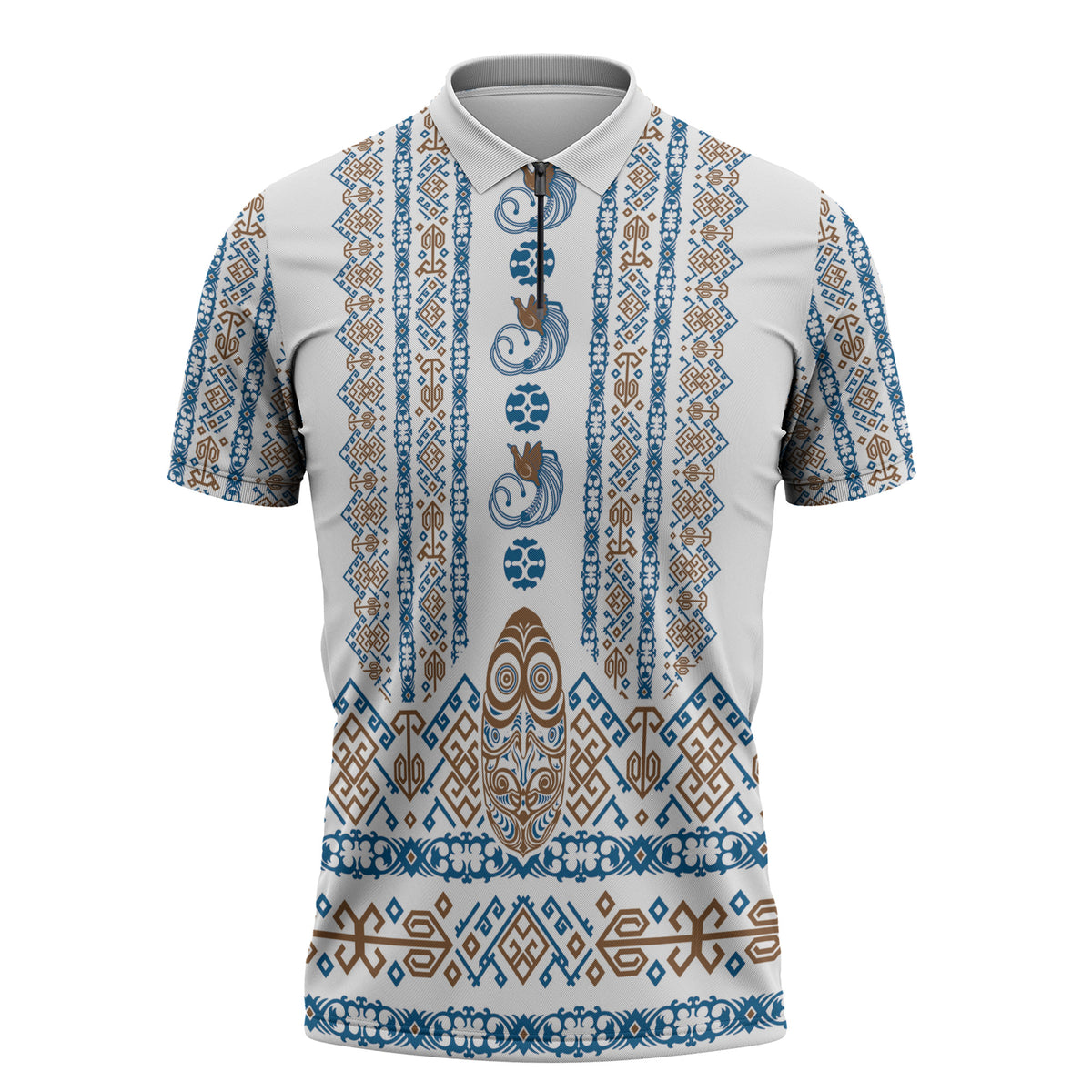 Personalised Papua New Guinea Bird Ethnic Zipper Polo Shirt Papuan Batik Inspired Pattern LT9 White - Polynesian Pride