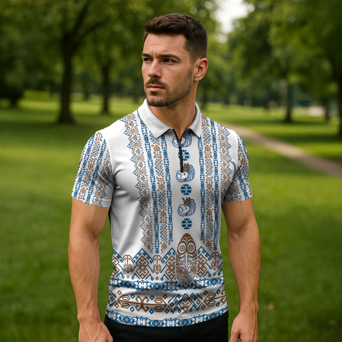 Personalised Papua New Guinea Bird Ethnic Zipper Polo Shirt Papuan Batik Inspired Pattern LT9 - Polynesian Pride