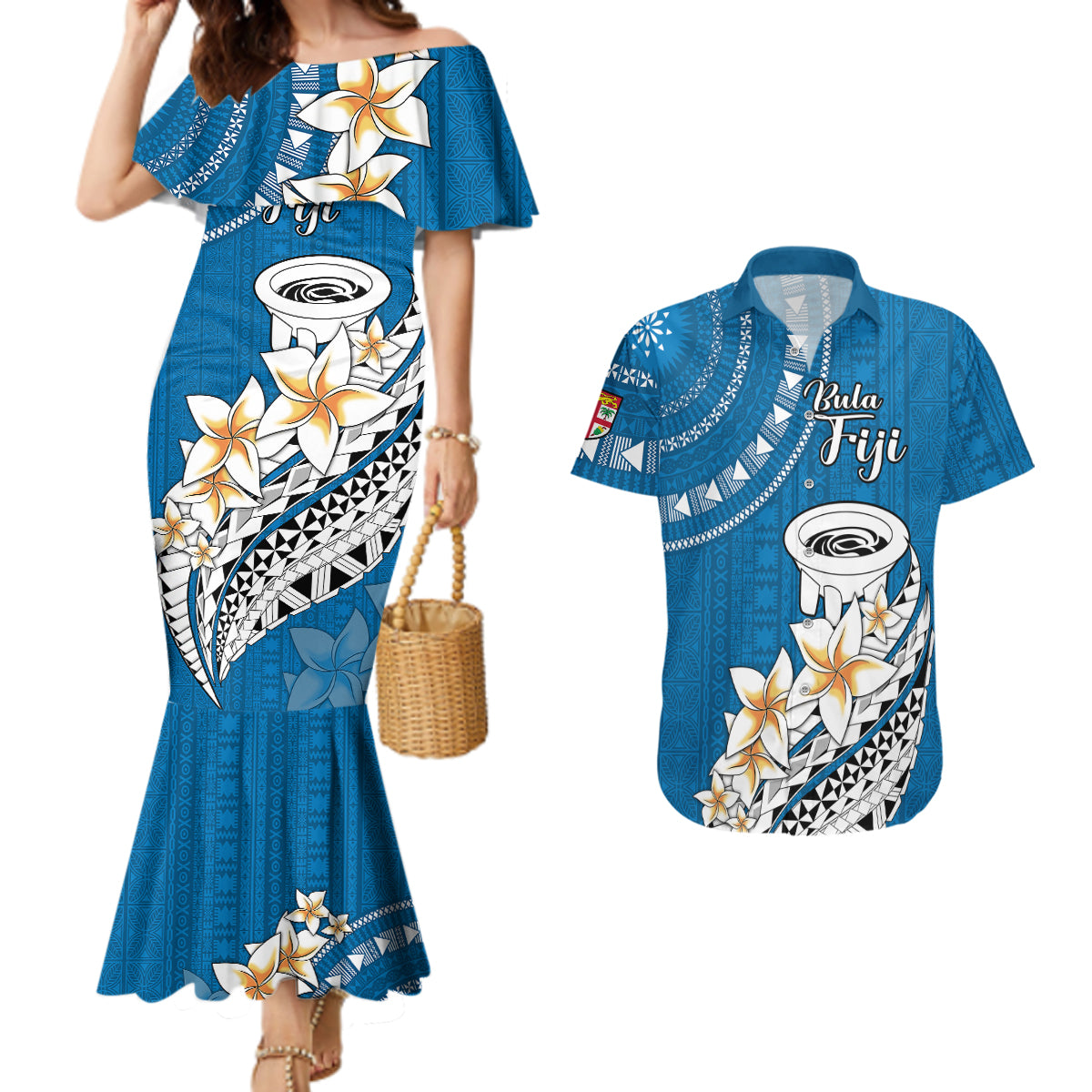 Bula Fiji Couples Matching Mermaid Dress and Hawaiian Shirt Kava Bowl Tapa Tribal LT9 Blue - Polynesian Pride