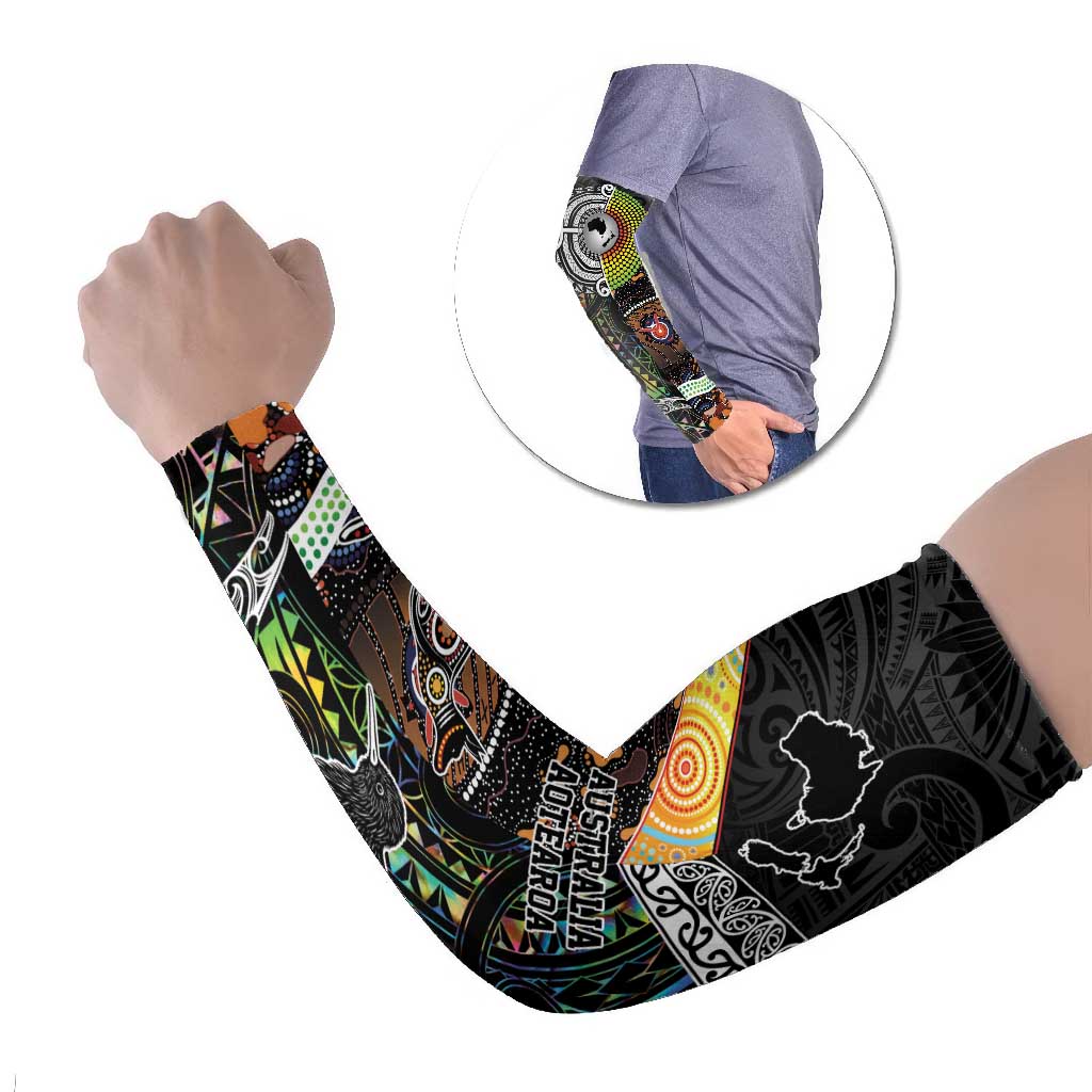 Australia New Zealand Personalised Arm Sleeves Maori Aboriginal Art Style LT9 Set of 2 Black - Polynesian Pride