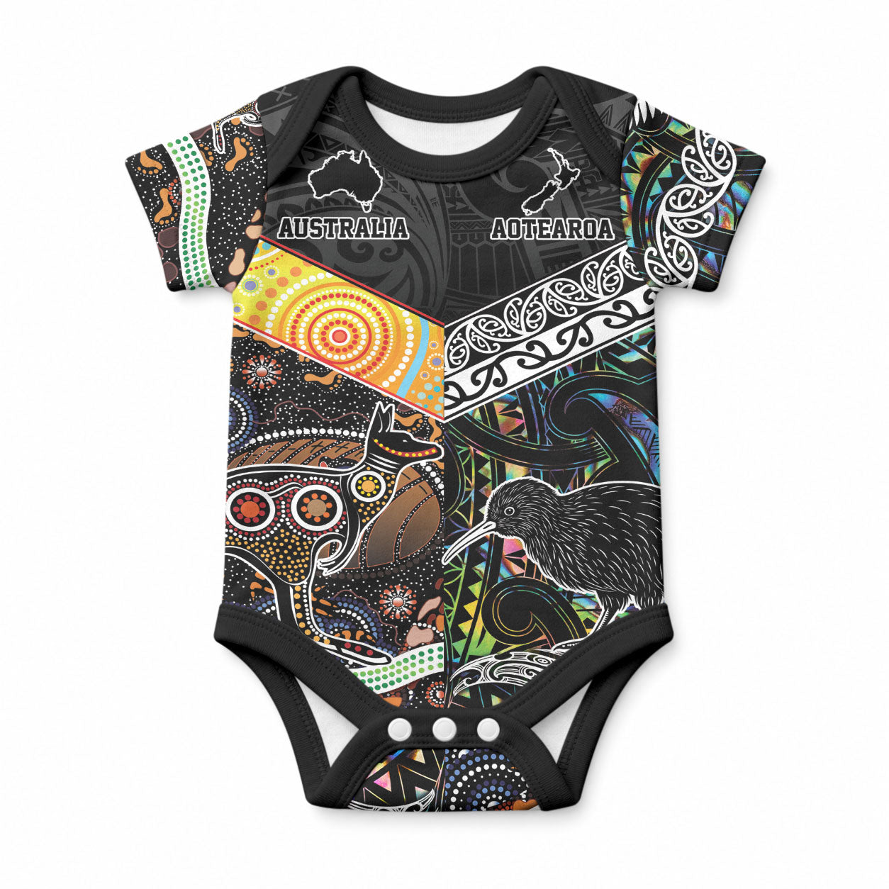 Personalised New Zealand and Australia Baby Onesie Maori Mix Aboriginal Art Style LT9 Black - Polynesian Pride