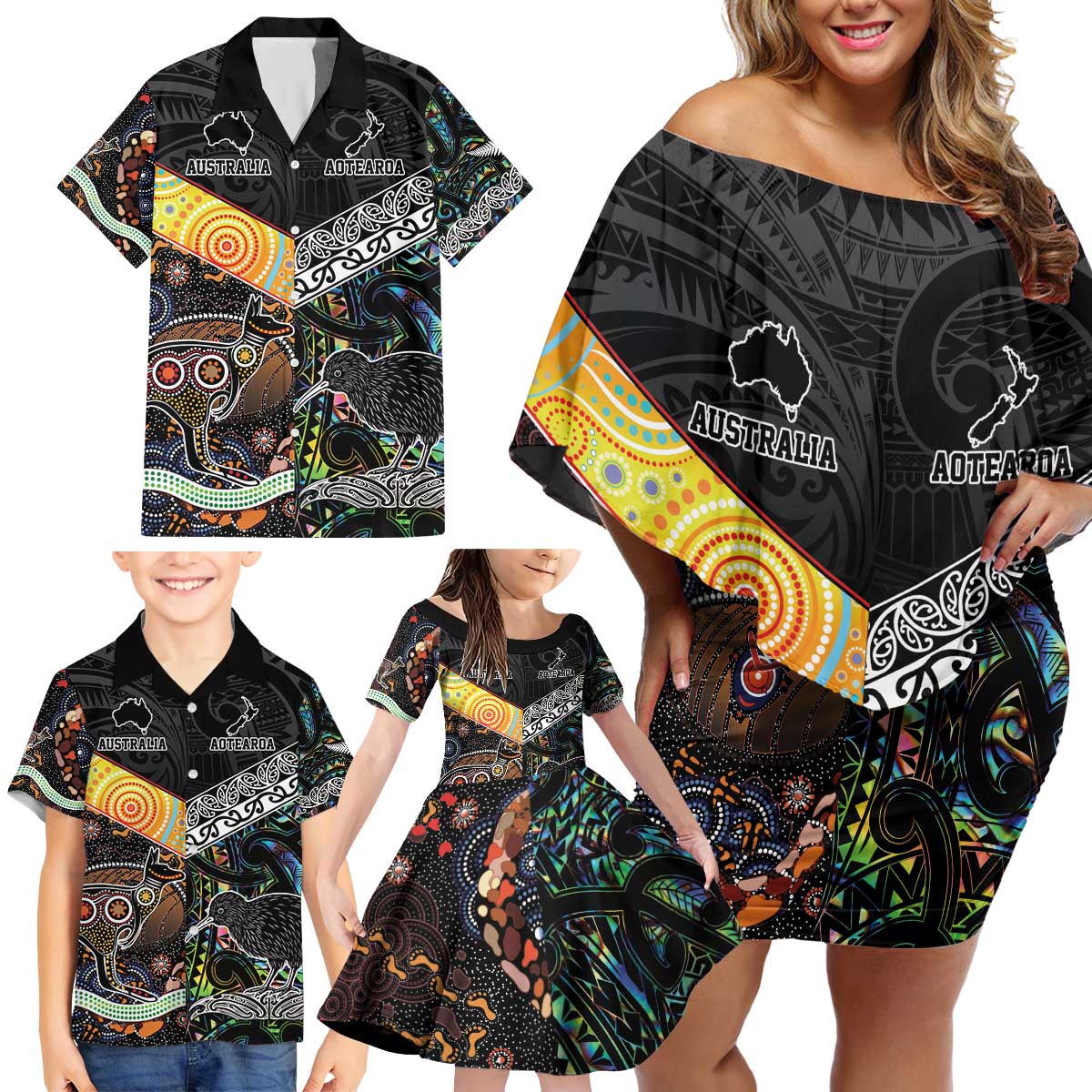 New Zealand and Australia Family Matching Off Shoulder Short Dress and Hawaiian Shirt Maori Mix Aboriginal Art Style