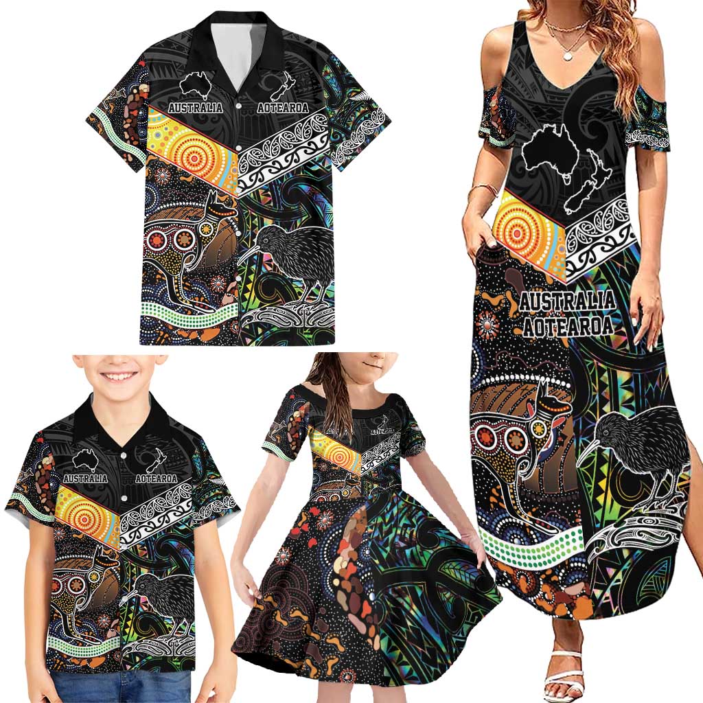 New Zealand and Australia Family Matching Summer Maxi Dress and Hawaiian Shirt Maori Mix Aboriginal Art Style