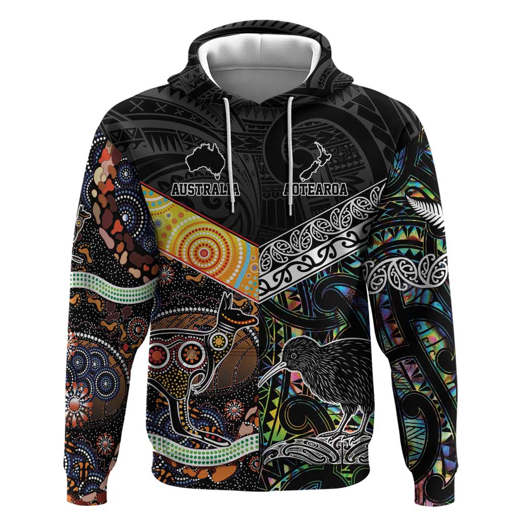 Personalised New Zealand and Australia Hoodie Maori Mix Aboriginal Art Style LT9 Pullover Hoodie Black - Polynesian Pride