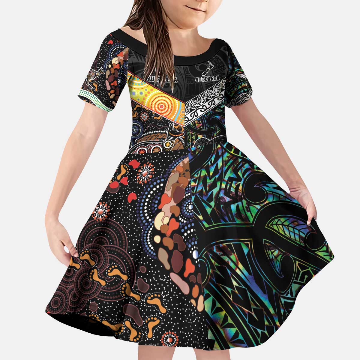 Personalised New Zealand and Australia Kid Short Sleeve Dress Maori Mix Aboriginal Art Style LT9 KID Black - Polynesian Pride