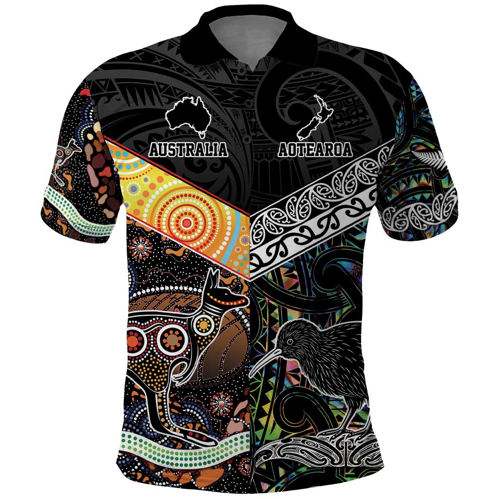 Personalised New Zealand and Australia Polo Shirt Maori Mix Aboriginal Art Style LT9 Black - Polynesian Pride