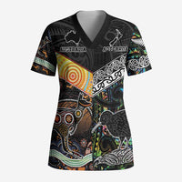 Australia New Zealand Personalised Scrub Top Maori Aboriginal Art Style LT9 Adult Black - Polynesian Pride