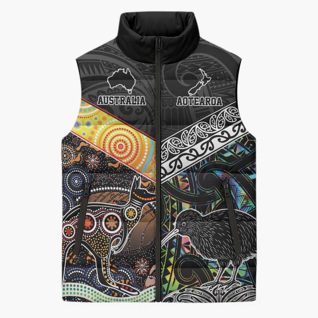 Australia New Zealand Personalised Sleeveless Puffer Jacket Maori Aboriginal Art Style LT9 Unisex Black - Polynesian Pride