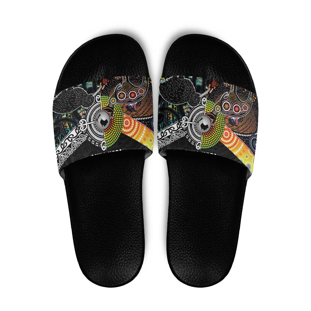 Australia New Zealand Personalised Slide Sandals Maori Aboriginal Art Style LT9 Black - Polynesian Pride