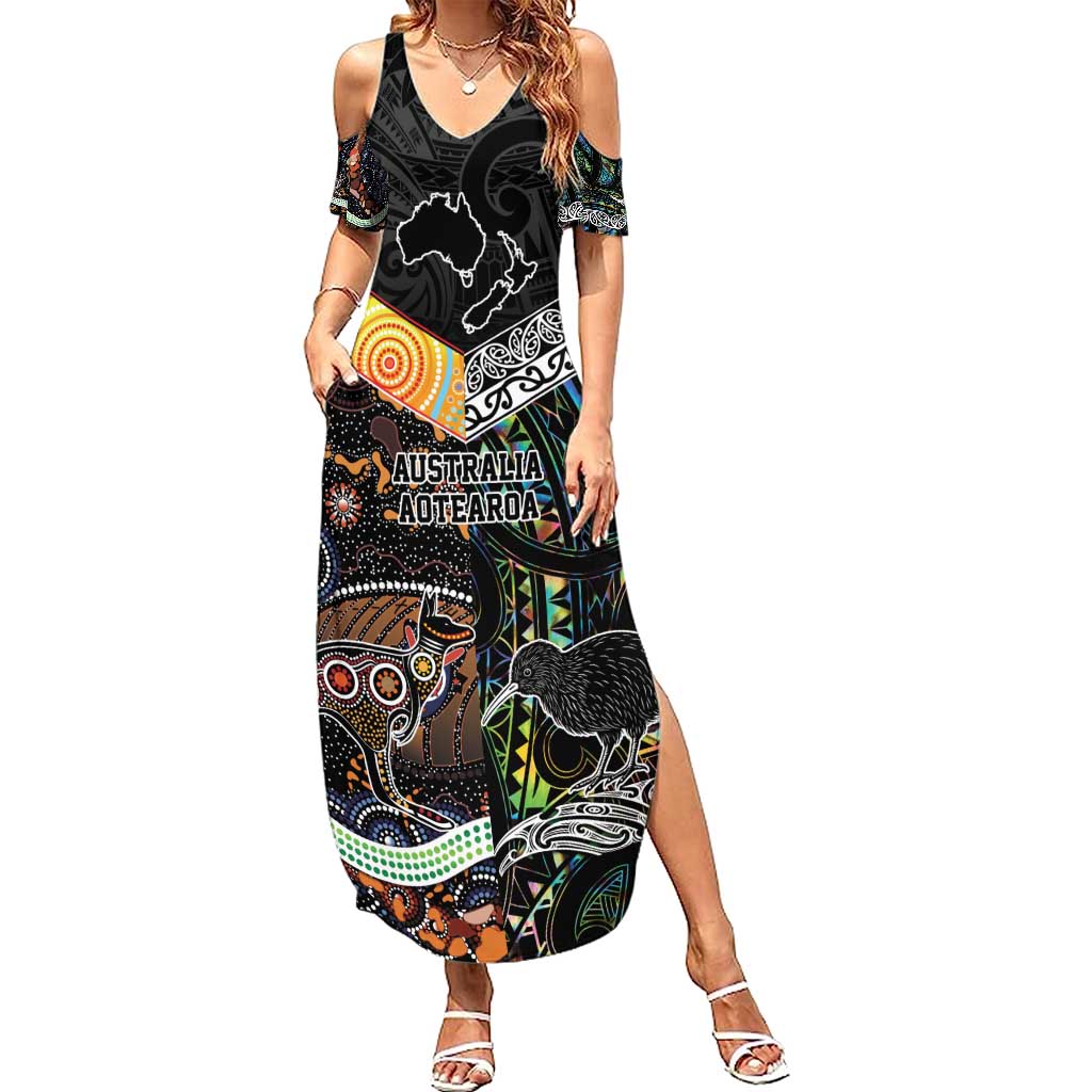 Personalised New Zealand and Australia Summer Maxi Dress Maori Mix Aboriginal Art Style LT9 Women Black - Polynesian Pride