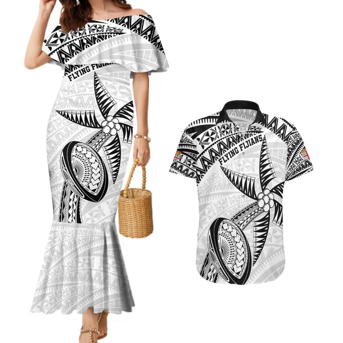 Custom Fiji Rugby Pacific Couples Matching Mermaid Dress and Hawaiian Shirt Polynesian Palm Tattoo