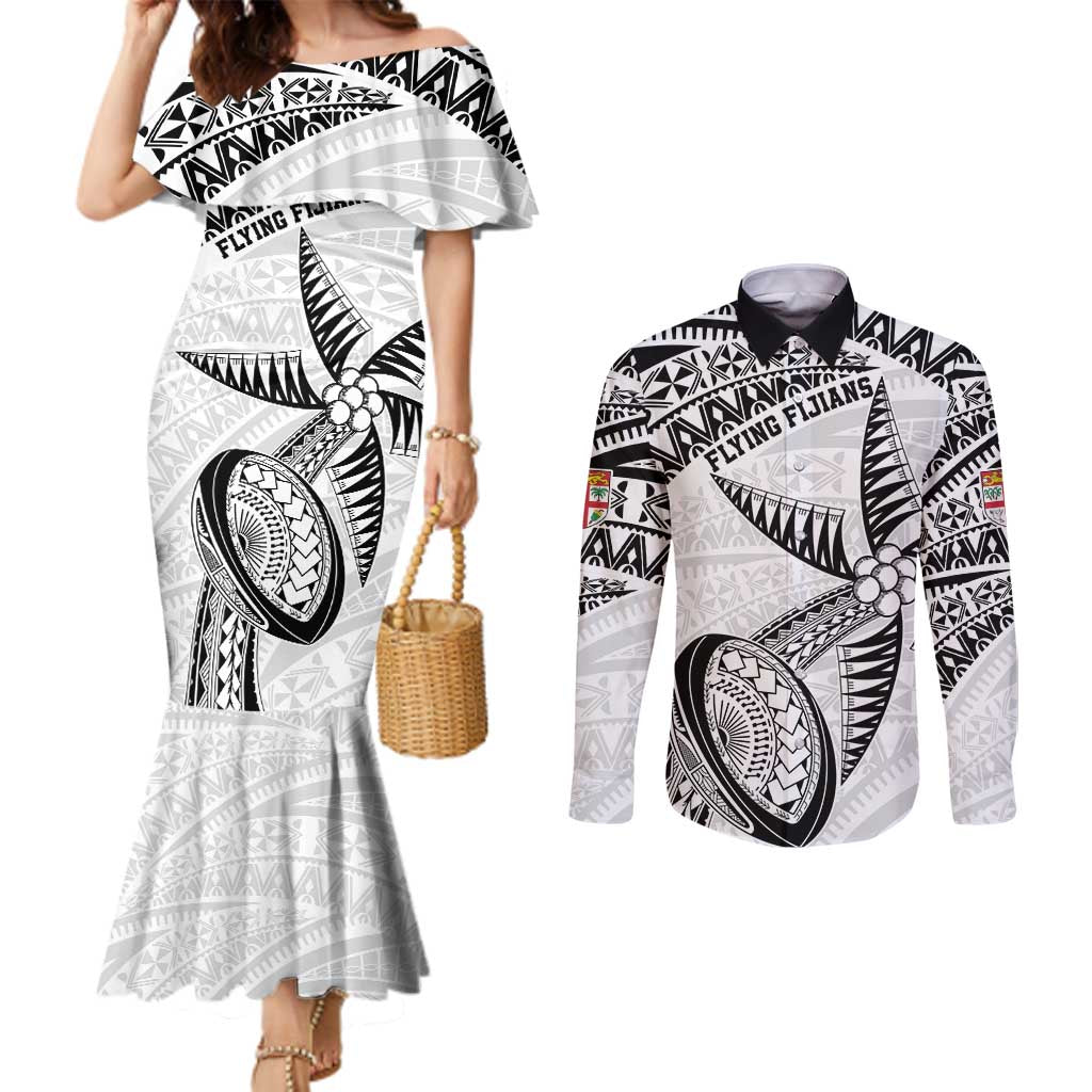 Custom Fiji Rugby Pacific Couples Matching Mermaid Dress and Long Sleeve Button Shirt Polynesian Palm Tattoo