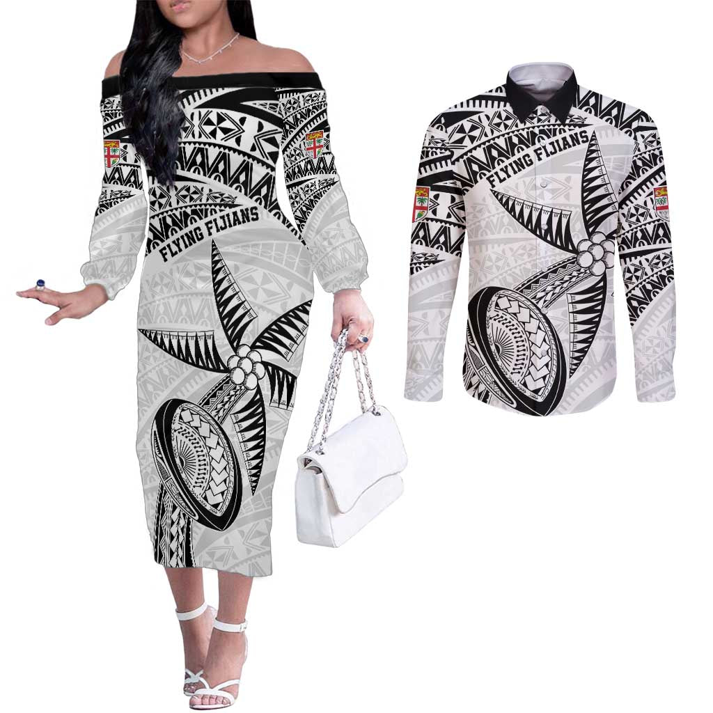 Custom Fiji Rugby Pacific Couples Matching Off The Shoulder Long Sleeve Dress and Long Sleeve Button Shirt Polynesian Palm Tattoo