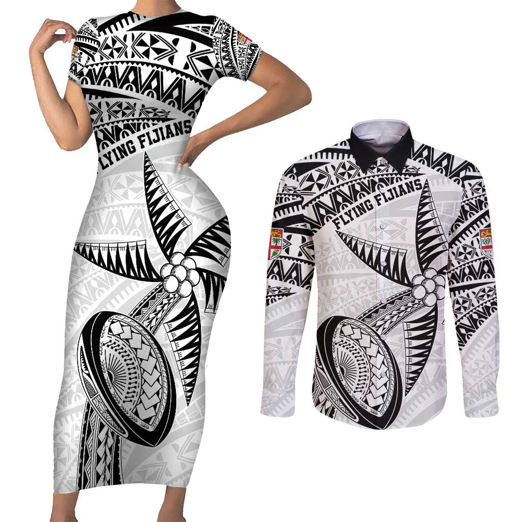 Custom Fiji Rugby Pacific Couples Matching Short Sleeve Bodycon Dress and Long Sleeve Button Shirt Polynesian Palm Tattoo