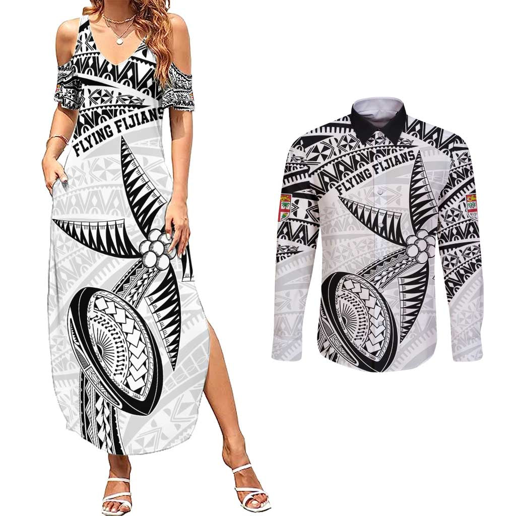 Custom Fiji Rugby Pacific Couples Matching Summer Maxi Dress and Long Sleeve Button Shirt Polynesian Palm Tattoo