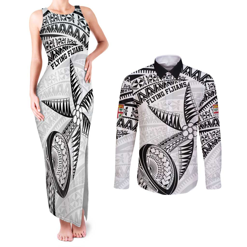 Custom Fiji Rugby Pacific Couples Matching Tank Maxi Dress and Long Sleeve Button Shirt Polynesian Palm Tattoo