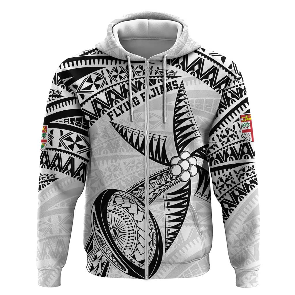 Custom Fiji Rugby Pacific Hoodie Polynesian Palm Tattoo LT9 Zip Hoodie White - Polynesian Pride