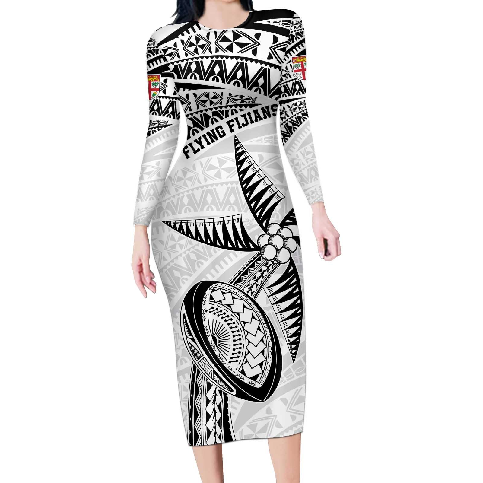 Custom Fiji Rugby Pacific Long Sleeve Bodycon Dress Polynesian Palm Tattoo