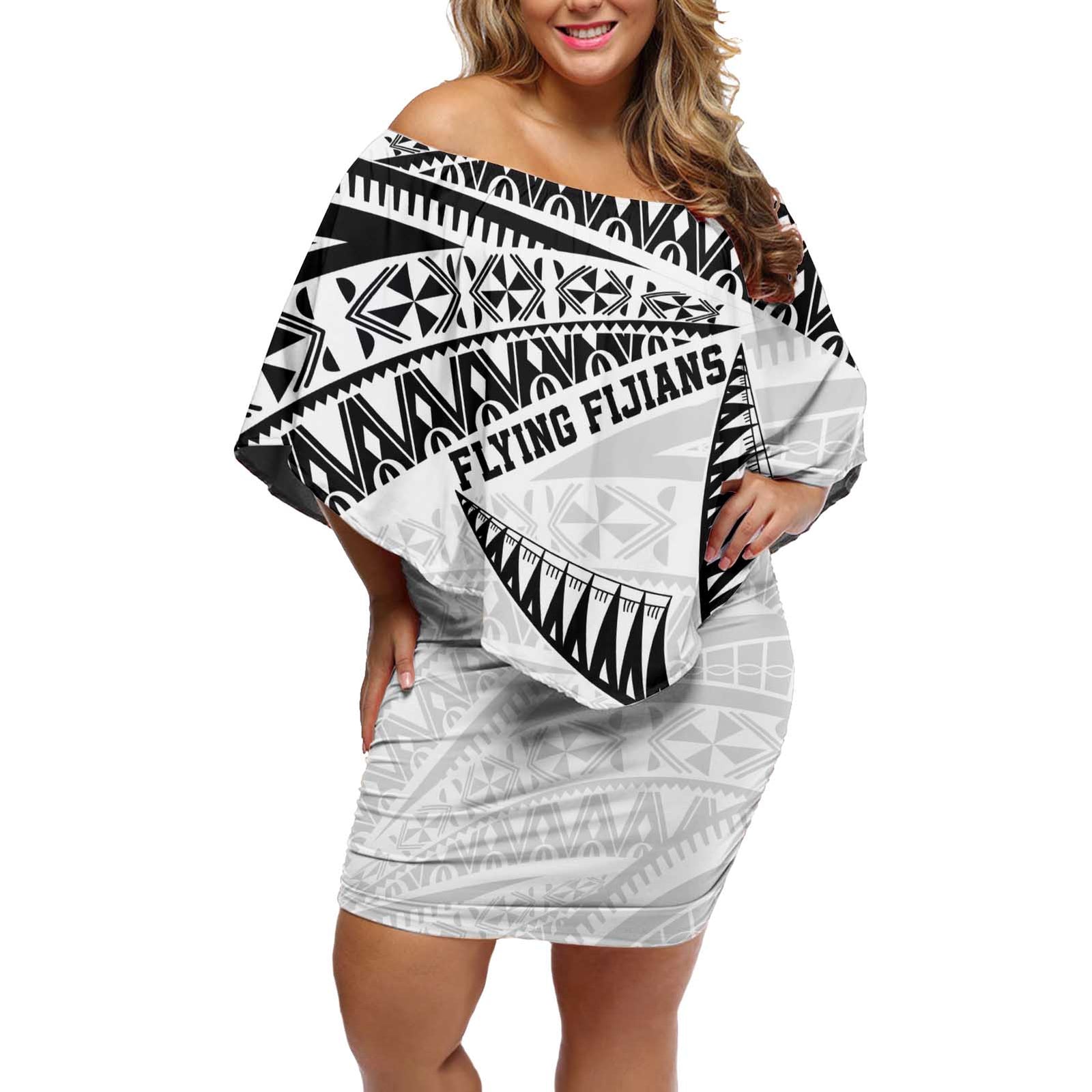 Custom Fiji Rugby Pacific Off Shoulder Short Dress Polynesian Palm Tattoo LT9 Women White - Polynesian Pride