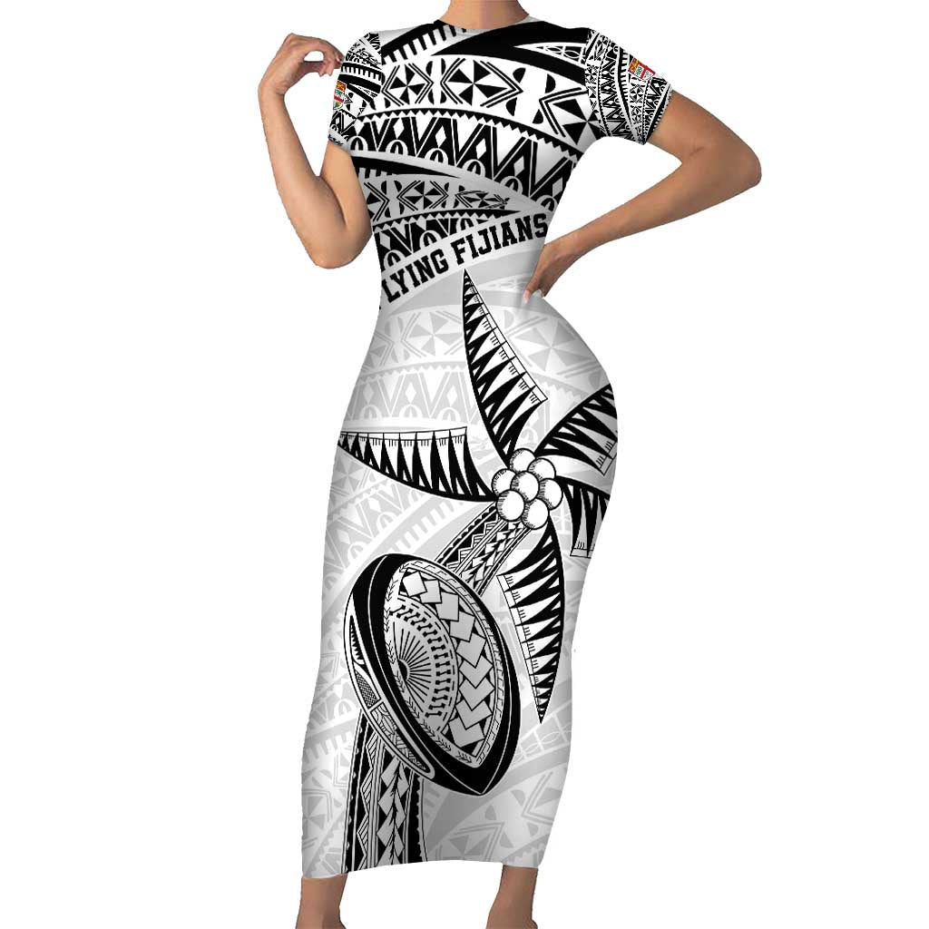 Custom Fiji Rugby Pacific Short Sleeve Bodycon Dress Polynesian Palm Tattoo LT9 Long Dress White - Polynesian Pride