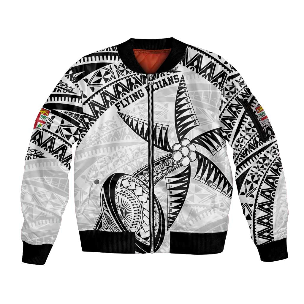 Custom Fiji Rugby Pacific Sleeve Zip Bomber Jacket Polynesian Palm Tattoo LT9 Unisex White - Polynesian Pride