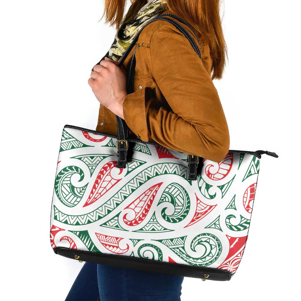 New Zealand Kowhaiwhai Christmas Leather Tote Bag Traditional Maori Koru Pattern LT9 White - Polynesian Pride