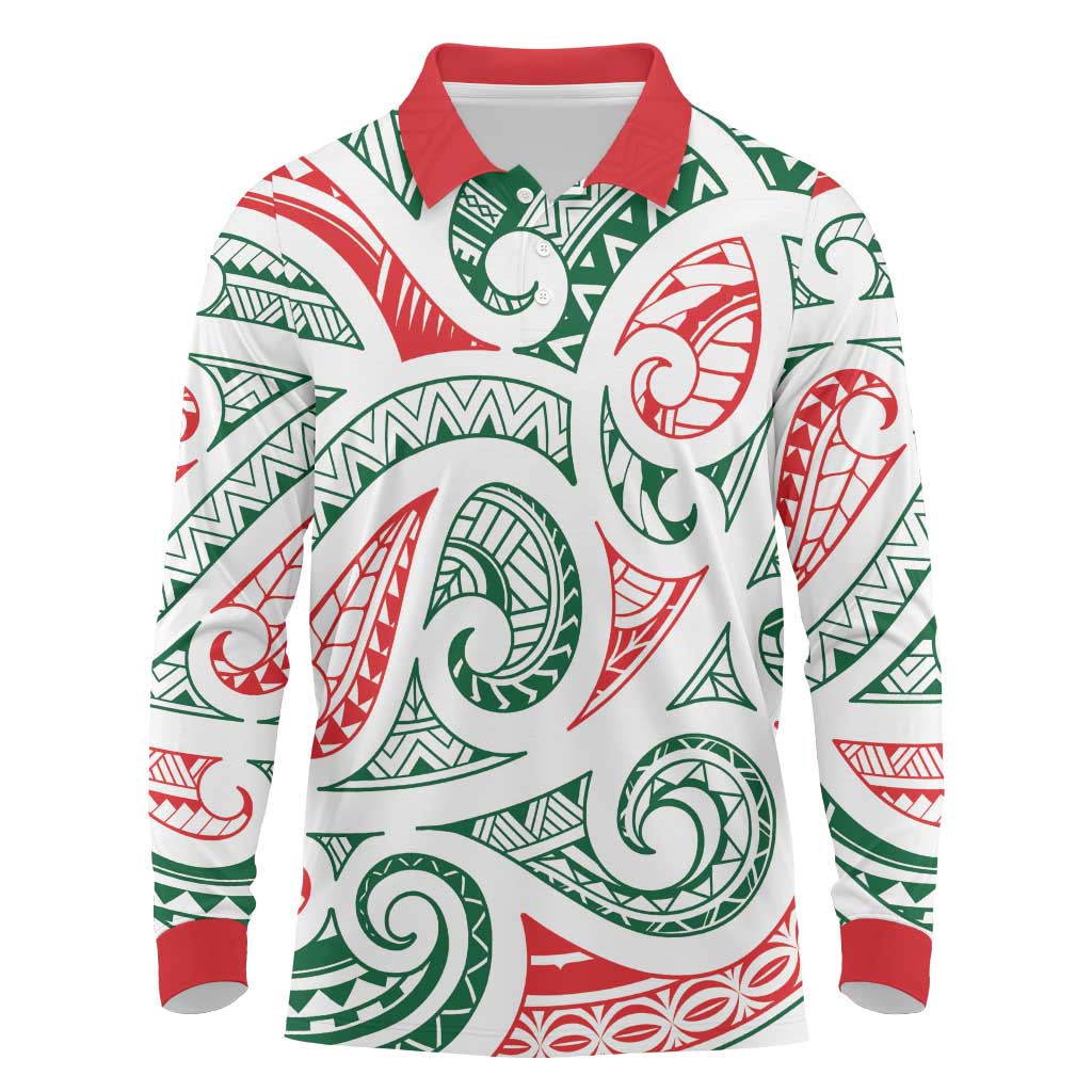 New Zealand Kowhaiwhai Christmas Long Sleeve Polo Shirt Traditional Maori Koru Pattern LT9 White - Polynesian Pride